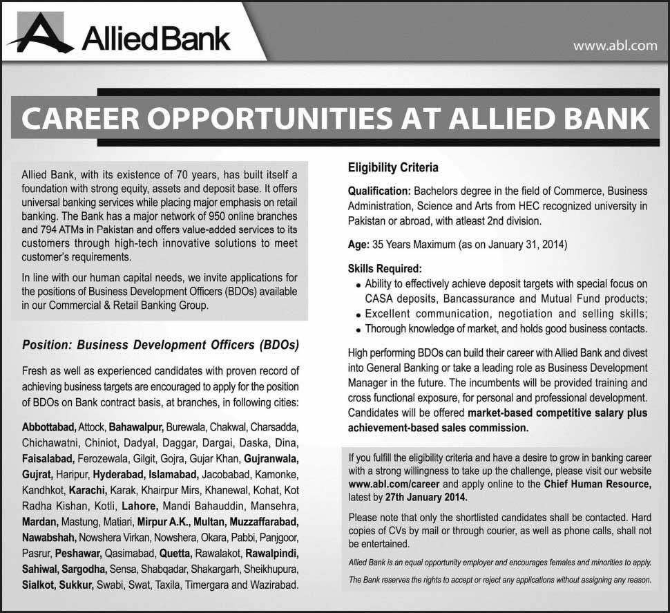 Allied Bank Jobs 2014 Latest for Business Development Officers (BDO)