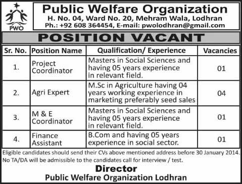 Public Welfare Organization Lodhran Jobs 2014 for Project Coordinator, Agri Expert, M&E Coordinator & Finance Assistant