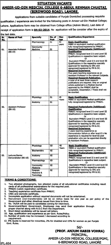 Ameer-ud-Din Medical College Lahore 2014 for Associate / Assistant Professors & Lecturers / Senior Demonstrator