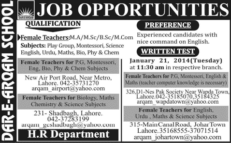 Dar-e-Arqam School Lahore Jobs 2014 for Teachers