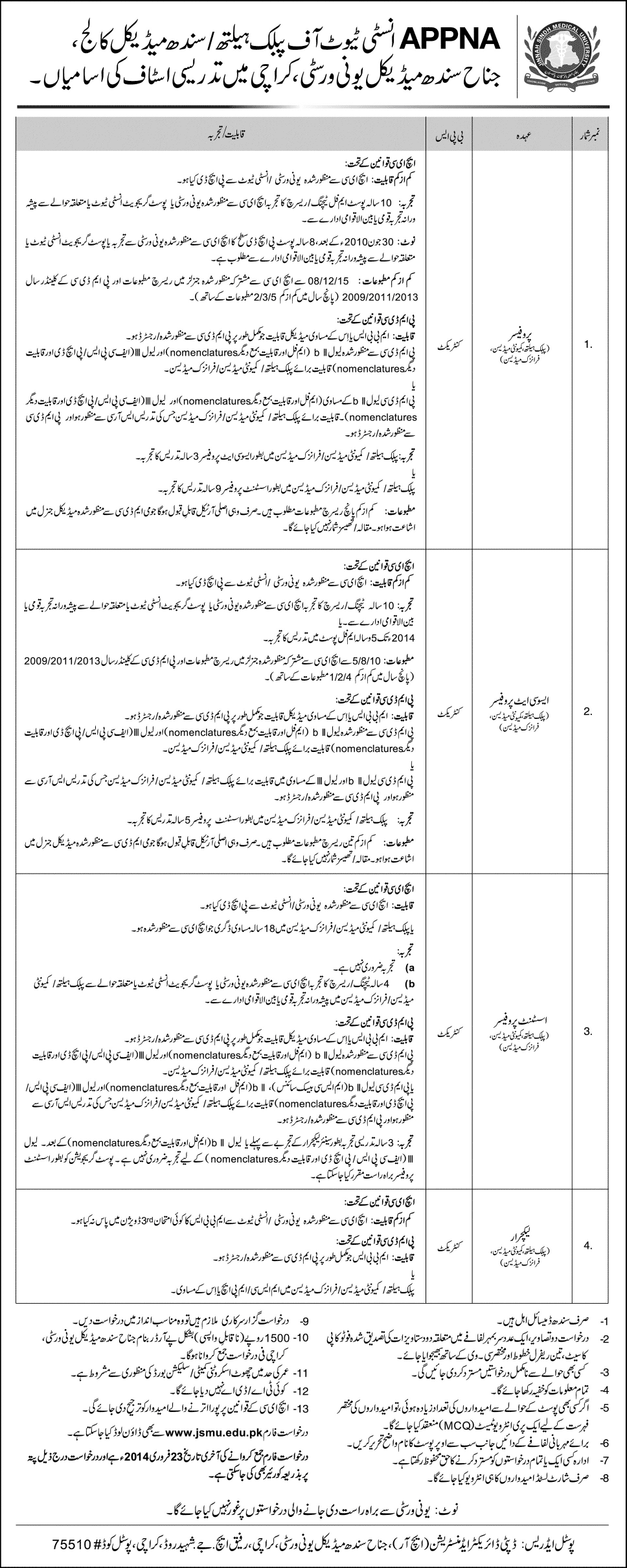 APPNA Institute of Public Health Jobs 2014 for Medical Faculty at Sindh Medical College