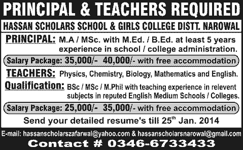 Principal & Teacher Jobs in Narowal 2014 at Hassan Scholars School & Girls College