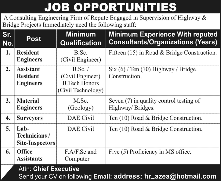 Civil Engineers, Material Engineers, Surveyor & Office Assistants Jobs in Lahore 2014 for Consulting Engineering Firm