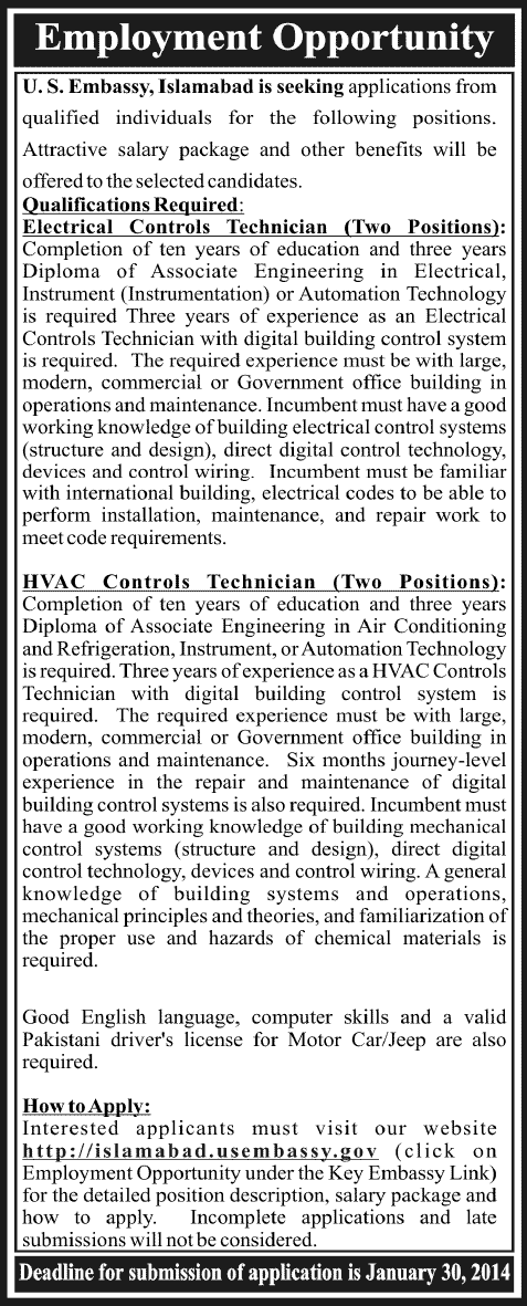 US Embassy Islamabad Jobs 2014 for Electrical Controls Technicians & HVAC Controls Technician