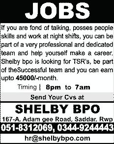 Telesales Representative Jobs in Rawalpindi 2014 at Shelby BPO