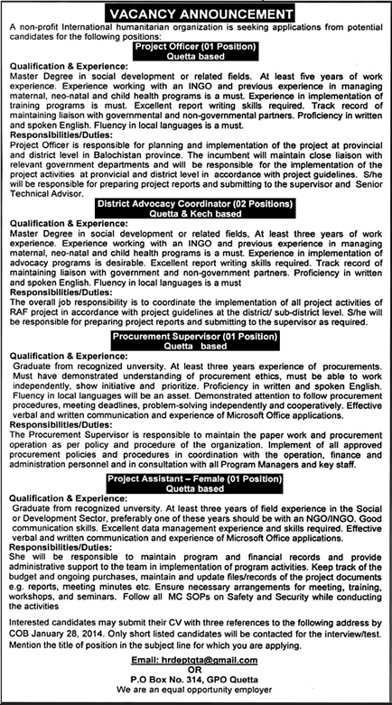 International NGO Jobs in Pakistan 2014 for Project Officer / Assistant, Advocacy Coordinator & Procurement Supervisor