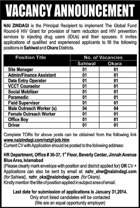 NGO Jobs in Okara & Sahiwal 2014 at Nai Zindagi