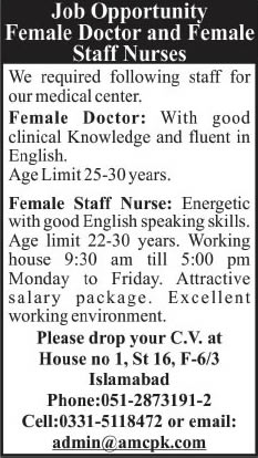 Staff Nurses & Lady Doctor Jobs in Islamabad 2014 at Aziz Medical Center