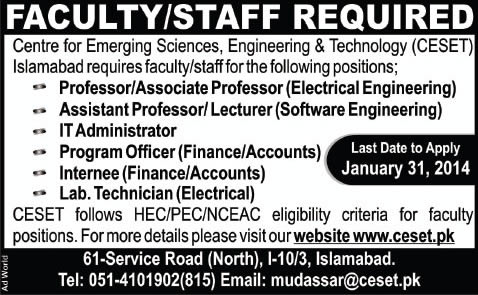 Centre for Emerging Sciences Engineering & Technology (CESET) Islamabad Jobs 2014 for Teaching Faculty & Admin Staff