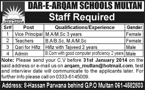 Dar-e-Arqam Schools Multan Jobs 2014 for Teachers, Vice Principal, Admin & Qari for Hifz