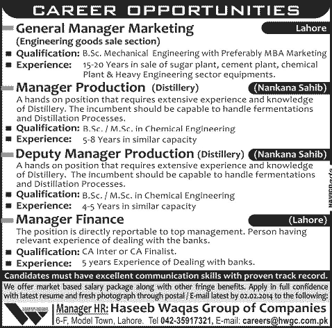 Marketing, Production & Finance Manager Jobs in Lahore / Nankana Sahib 2014 at Haseeb Waqas Group of Companies