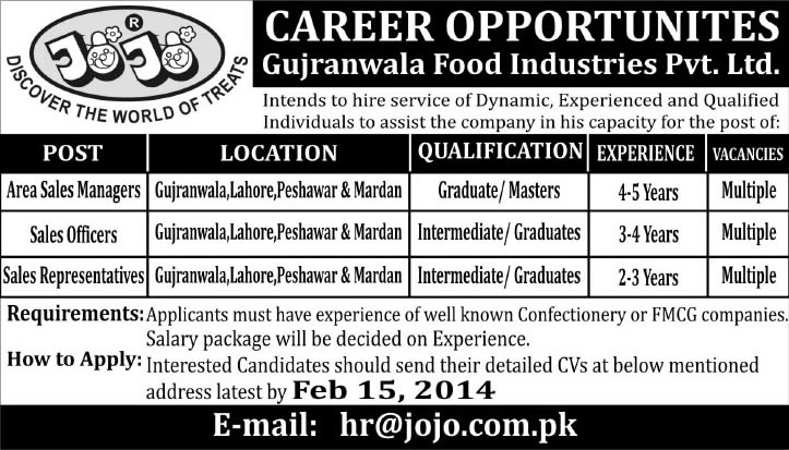 Jojo Foods - Gujranwala Food Industries Pvt. Ltd. Jobs 2014 for Sales Managers / Officers