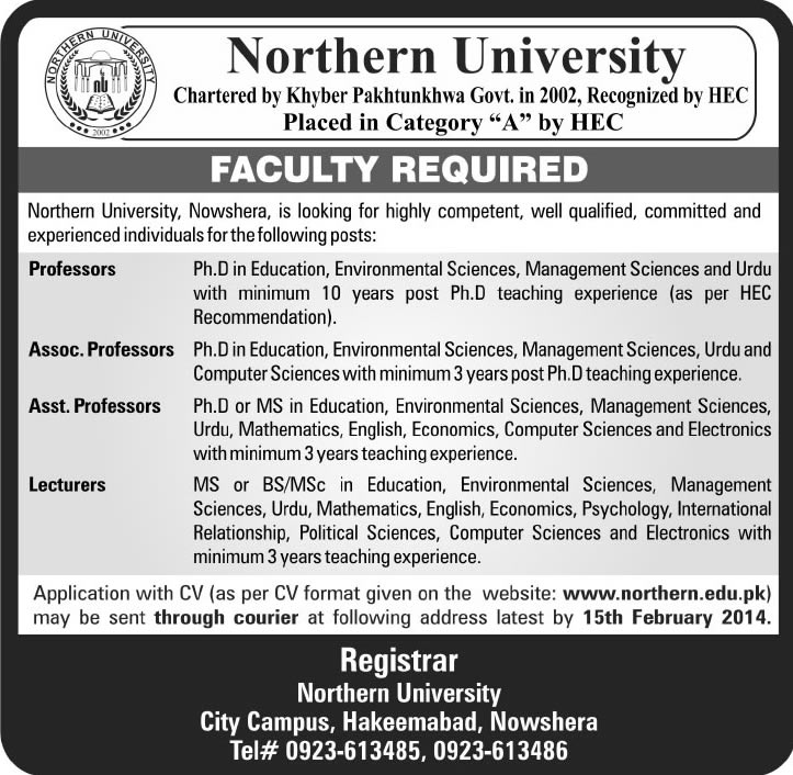 Northern University Nowshera Jobs 2014 for Professors, Associate / Assistant Professors & Lecturers