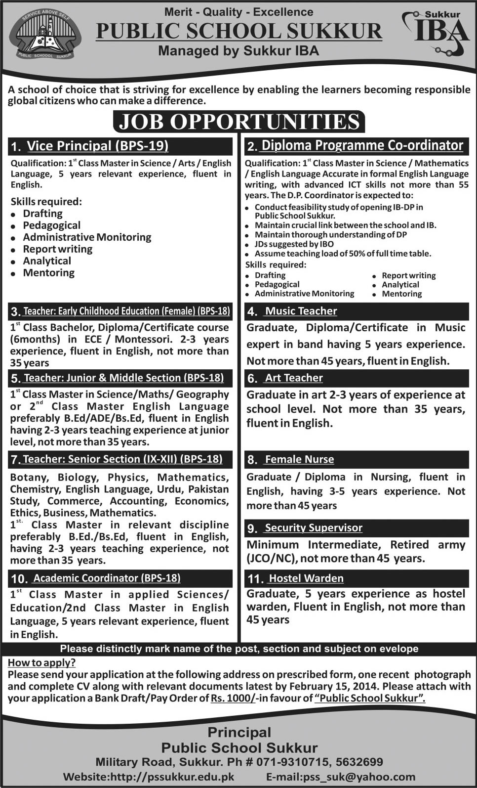 IBA - Public School Sukkur Jobs 2014 for Teaching Faculty & Administrative Staff