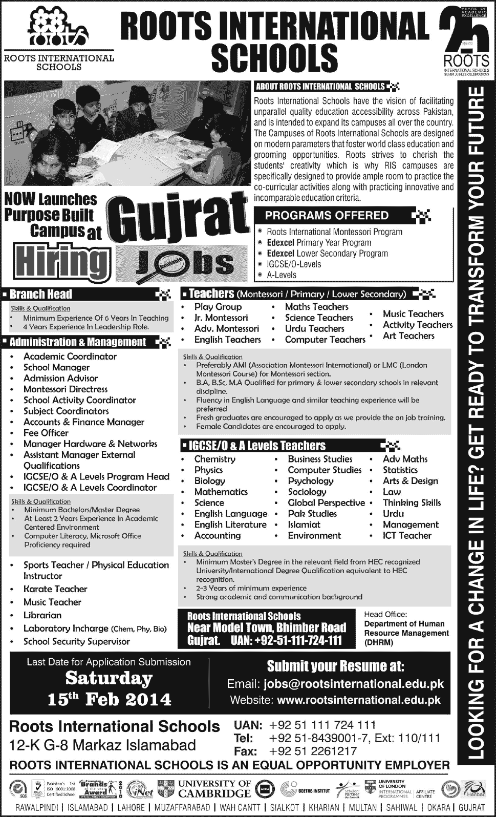 Roots International Schools Gujrat Jobs 2014 for Teaching & Administrative Staff