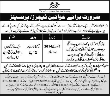 Female Principal & Teacher Jobs in Quetta 2014 for The Citizens Foundation