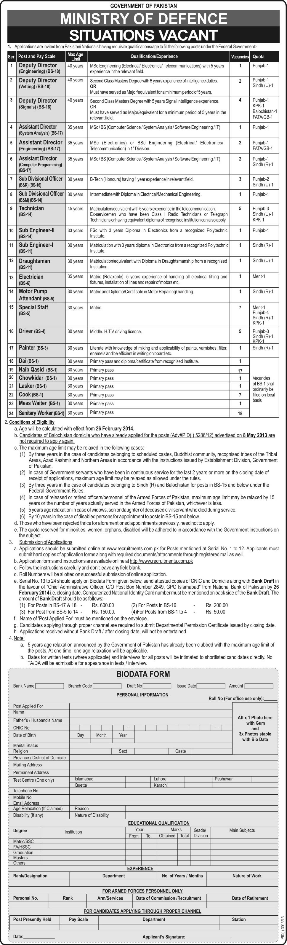 Ministry of Defence Biodata Form / Application Form Download 2014