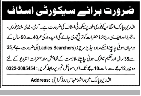 Aladin Amusement Park Karachi Jobs 2014 for Security Staff & Ladies Searchers