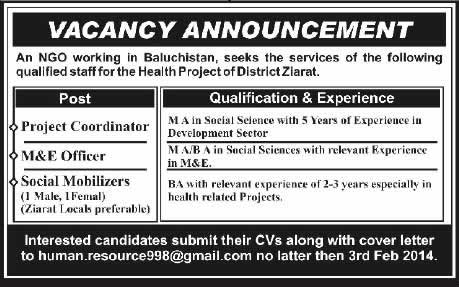 Project Coordinator, Monitoring & Evaluation Officer and Social Mobilizer Jobs in Ziarat, Balochistan 2014 for NGO