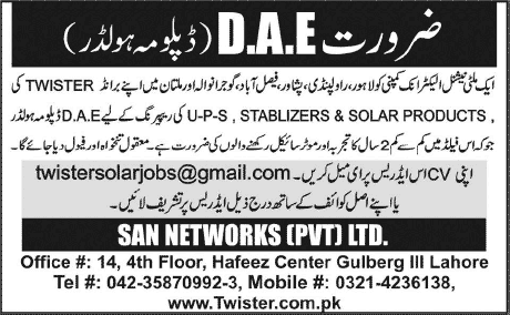 San Networks (Pvt.) Limited Jobs 2014 for Diploma Engineers
