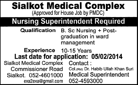 Nursing Superintendent Job at Sialkot Medical Complex 2014