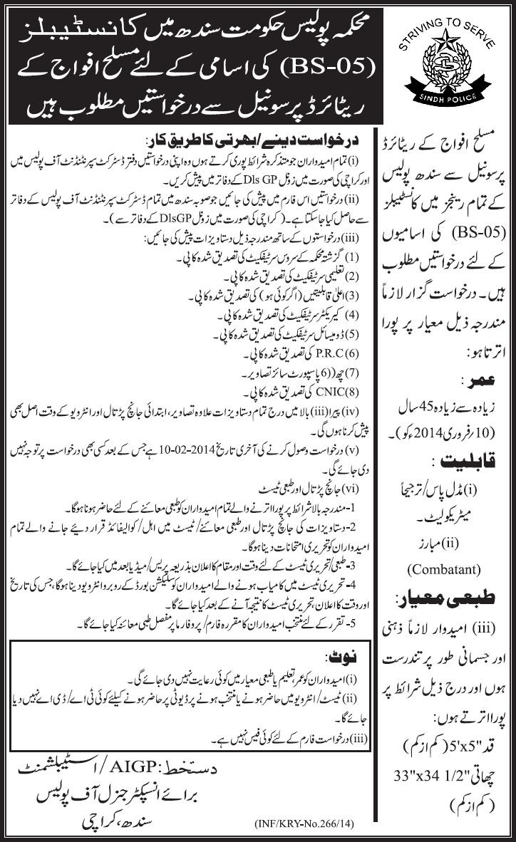 Constable Jobs in Police Department Sindh 2014 for Retired Army Personnel