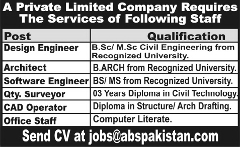 Civil Engineers, Architect, Software Engineer, Quantity Surveyor & Office Staff Jobs in Rawalpindi Islamabad 2014 February