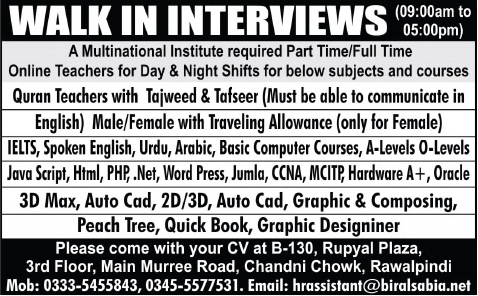 Online Teaching Jobs in Rawalpindi 2014 at Bir Al Sabia Technologies