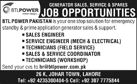 BTL Power Pakistan Jobs 2014 February for Technicians, Sales / Service Engineers & Coordinators