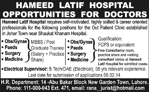 Electrical Engineer & Doctors / Medical Officer Jobs in Lahore 2014 February at Hameed Latif Hospital