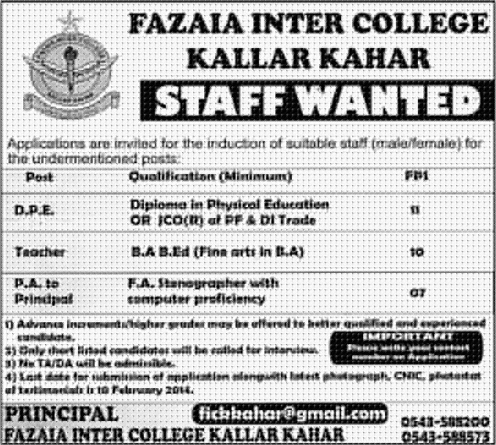 Fazaia Inter College Kallar Kahar Jobs 2014 February for Teacher, DPE & Personal Assistant