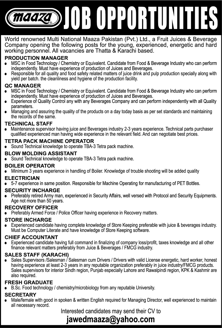 Maaza Pakistan (Pvt.) Ltd Thatta / Karachi Jobs 2014 February Latest