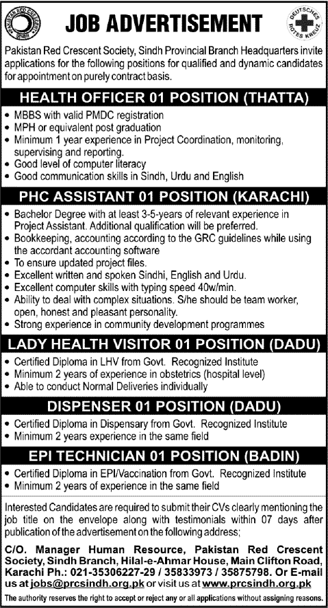 Pakistan Red Crescent Society (PRCS) Sindh Jobs 2014 February