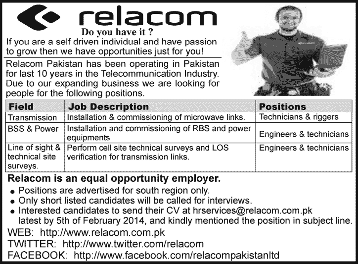 Relacom Pakistan Jobs 2014 February in Telecommunication Industry
