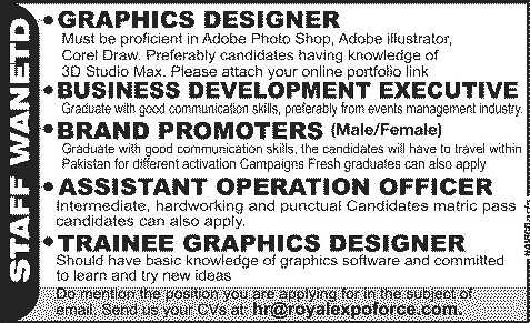 Royal Expo Force Lahore Jobs 2014 February for Graphics Designer, Brand Promoters & Other Staff