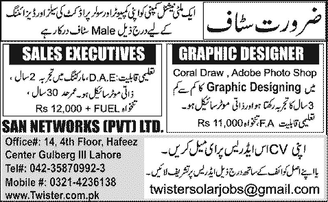 Sales Executive & Graphic Designer Jobs in Lahore 2014 February at San Networks (Pvt.) Limited