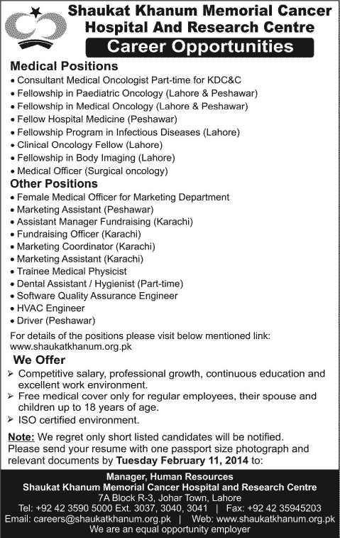 Shaukat Khanum Hospital Jobs 2014 February for Medical & Admin Staff