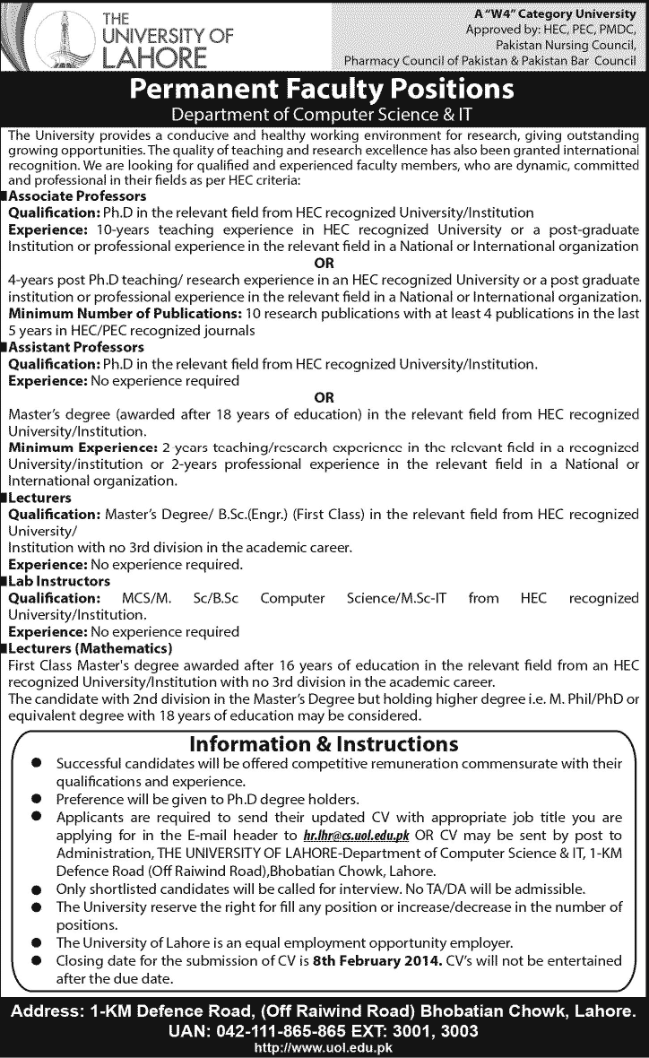 University of Lahore Jobs 2014 February for Faculty of Computer Science & Lecturer Mathematics