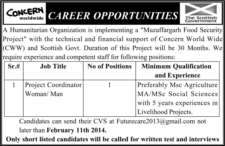 Concern Worldwide Jobs 2014 February for Project Coordinator in Muzaffargarh Food Security Project