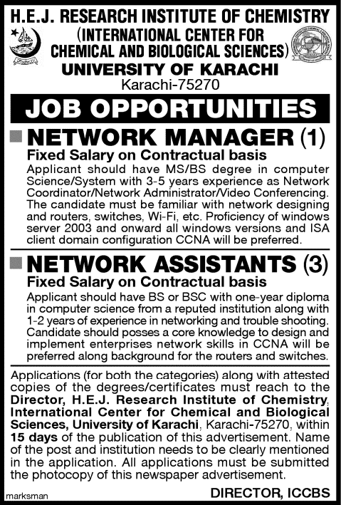 H.E.J Research Institute of Chemistry ICCBS Jobs 2014 February for Network Manager / Assistant