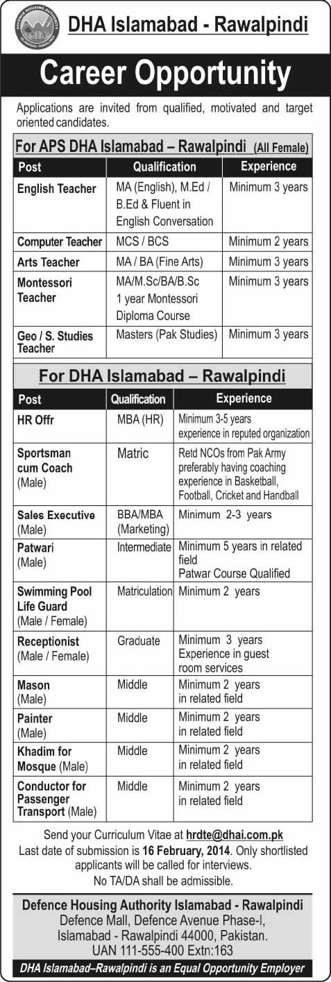 Jobs in DHA Islamabad Rawalpindi 2014 February Latest