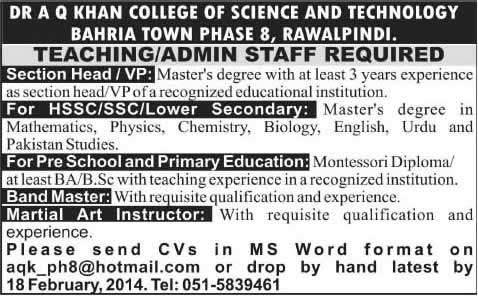 Admin & Teaching Jobs in Rawalpindi 2014 February at Dr. A Q Khan College of Science & Technology