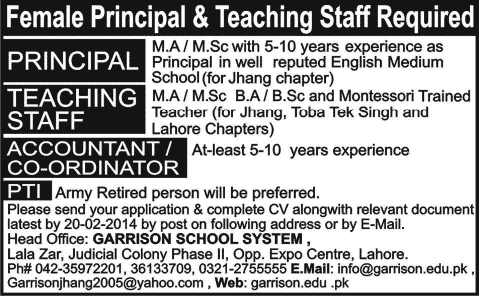 Female Principal & Teaching Jobs in Lahore / Jhang / Toba Tek Singh 2014 February at Garrison School System