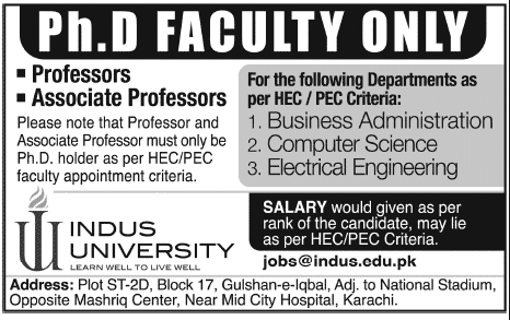 Ph.D. Faulty Jobs at Indus University Karachi 2014 February