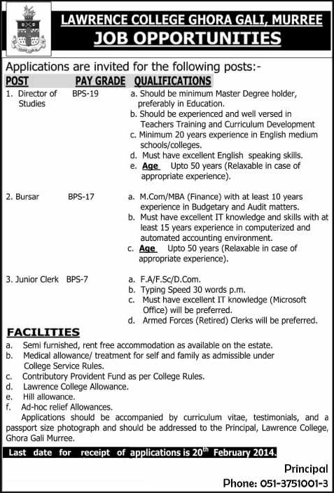 Lawrence College Ghora Gali Murree Jobs 2014 February for Director of Studies, Bursar & Junior Clerk