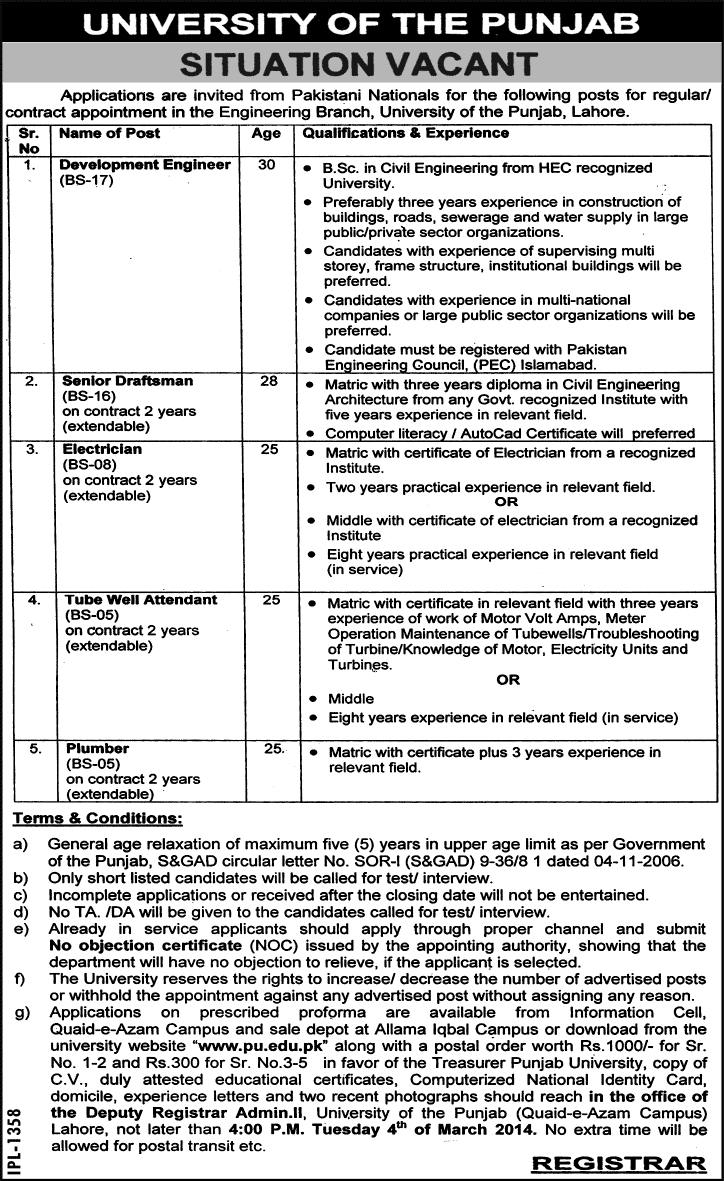 Punjab University Lahore Jobs 2014 February for Civil Engineer, Draftsman, Electrician, Attendant & Plumber