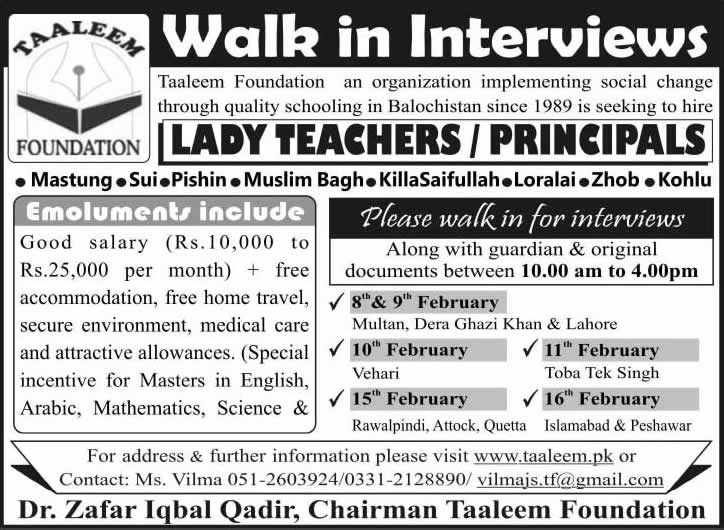 Taaleem Foundation Jobs for Principal / Teachers in Balochistan 2014 February Latest