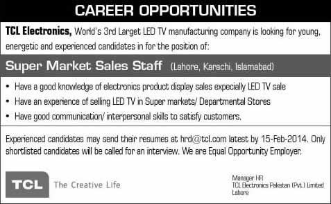 TCL Electronics Pakistan (Pvt.) Limited Jobs 2014 February for Super Market Sales Staff