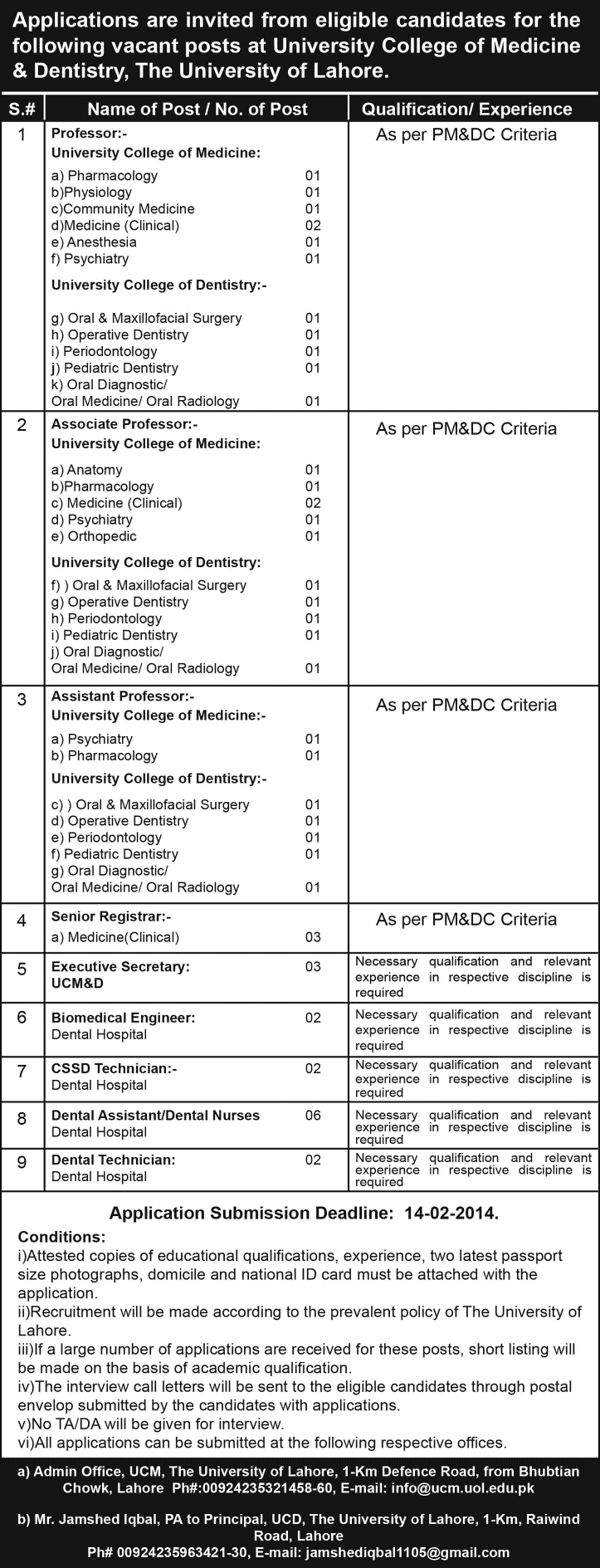 University College of Medicine & Dentistry Lahore Jobs 2014 February for Medical Faculty & Paramedical Staff