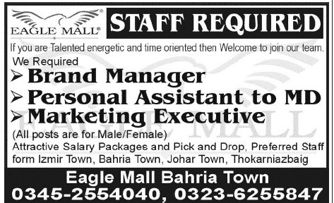 Brand Manager, Personal Assistant & Marketing Executive Jobs in Lahore 2014 February at Eagle Mall Bahria Town
